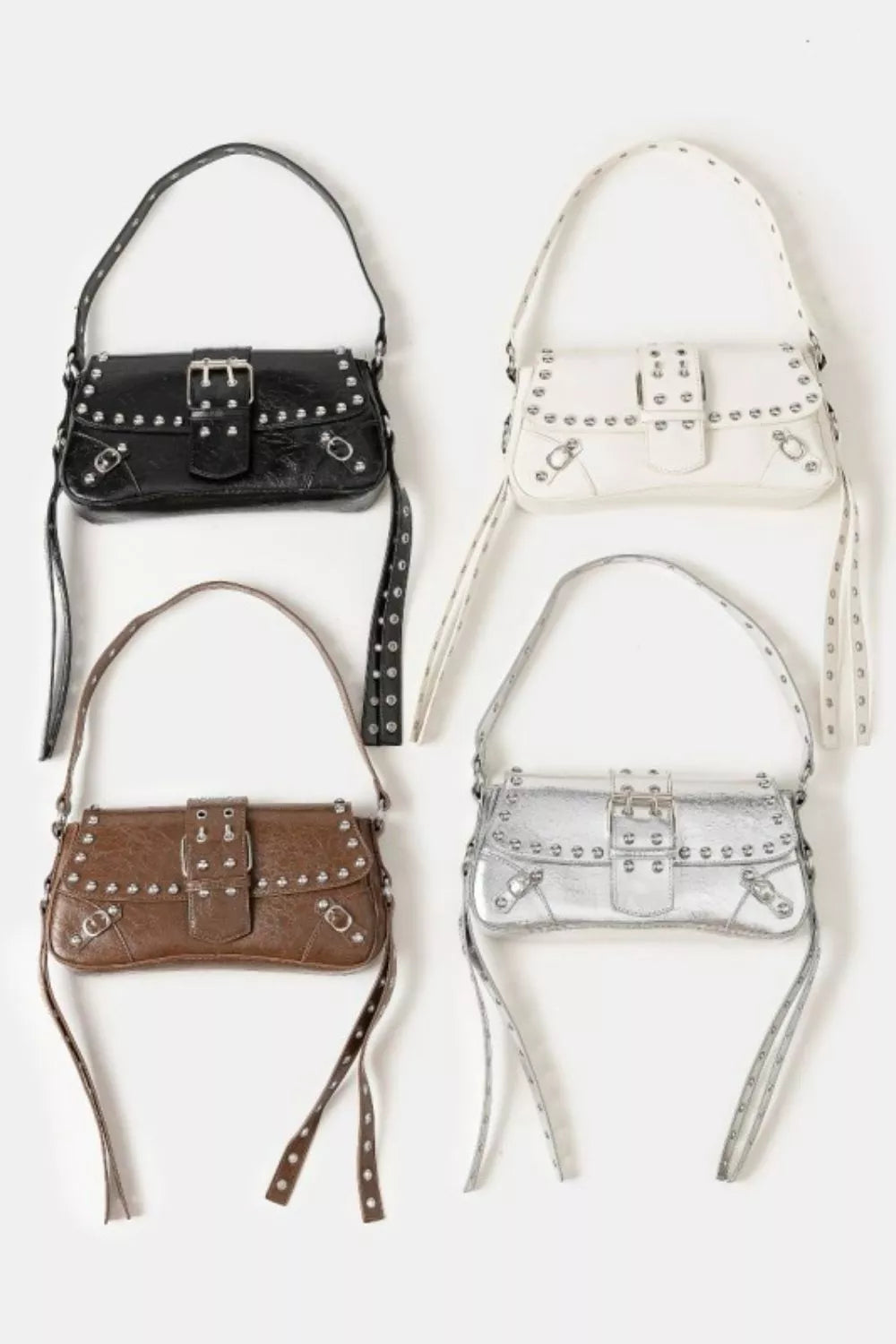 Fame Glossy Faux Leather Rivet Trim Shoulder Bag