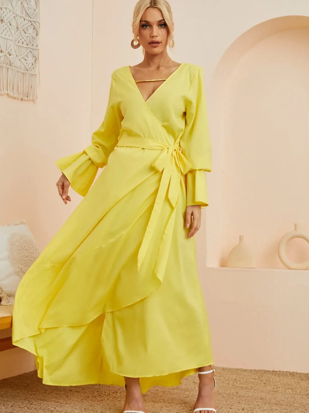 Ruffled Wrap Maxi Dress with Bell Sleeves