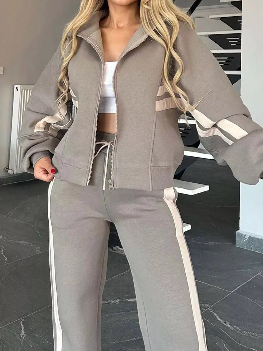 Full Size Contrast Stripe Zip Up Jacket and Pants Set Plus Size