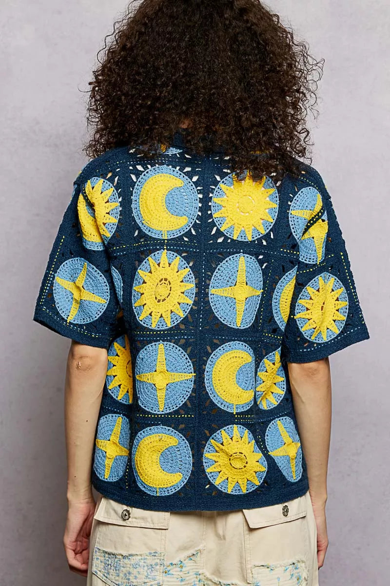 POL Openwork Short Sleeve Crochet Shirt