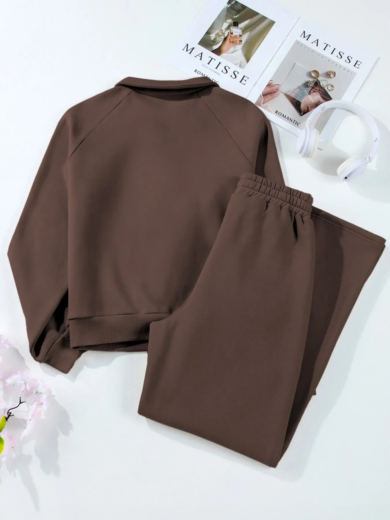 Collared Sweatshirt and High Waist Pants Active Set