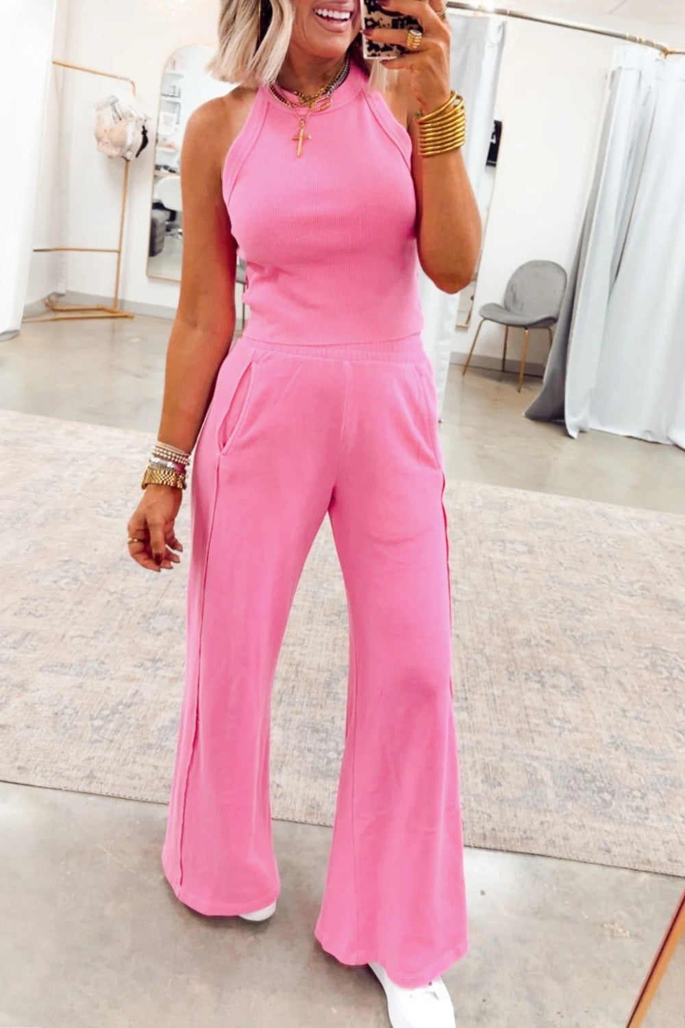 Slim Ribbed Tank Top and Sweatpants Set