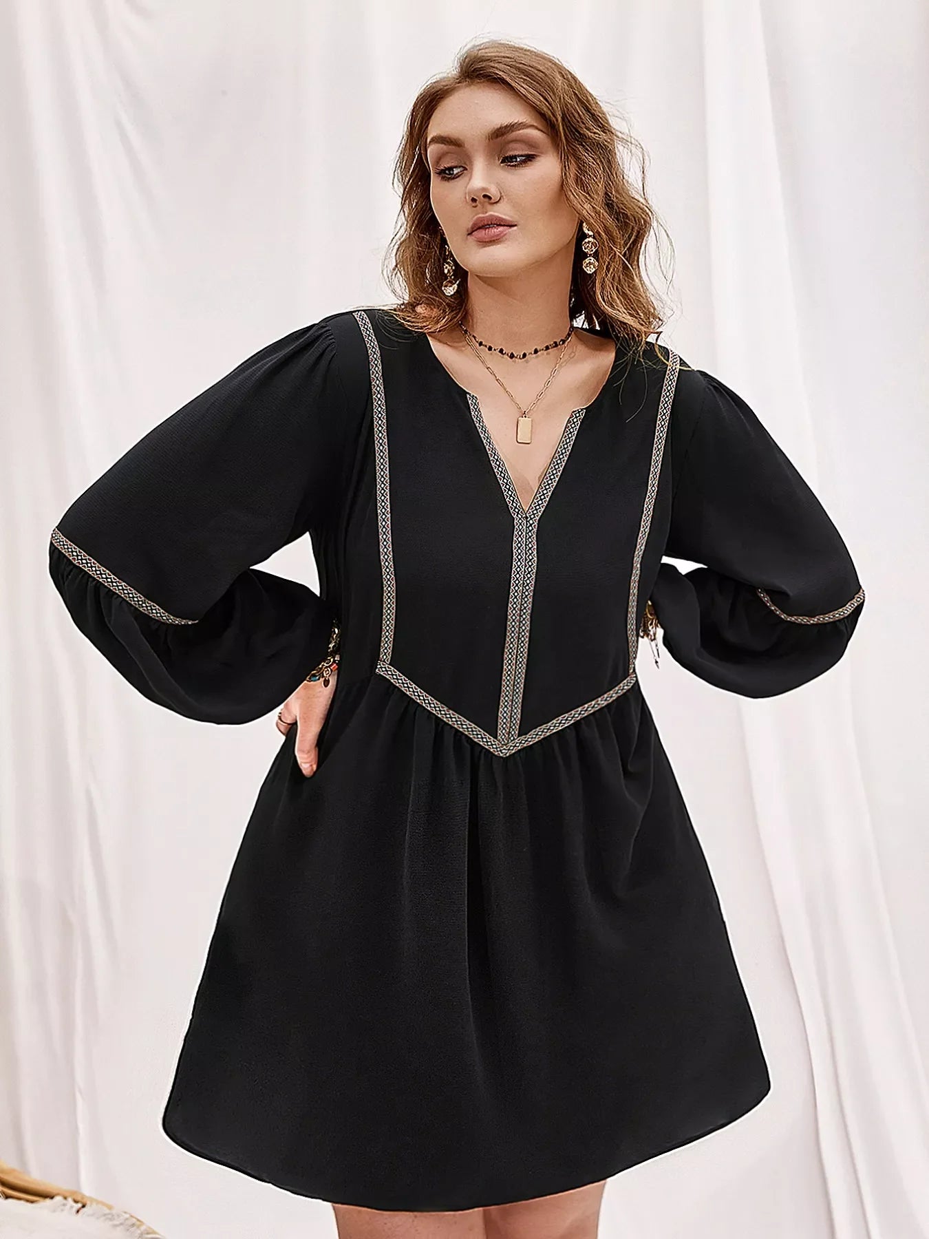Plus Size Notched Balloon Sleeve Mini Dress