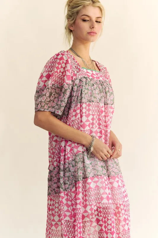 Davi & Dani Multi Floral Square Neck Puff Sleeve Maxi Dress