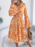 Floral Print Smocked Ruffle Hem Flared Sleeve Dress