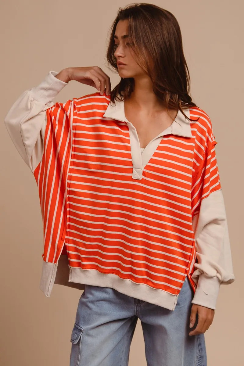 BiBi Stripe Knit Loose Fit Top With Cut Edge Detail