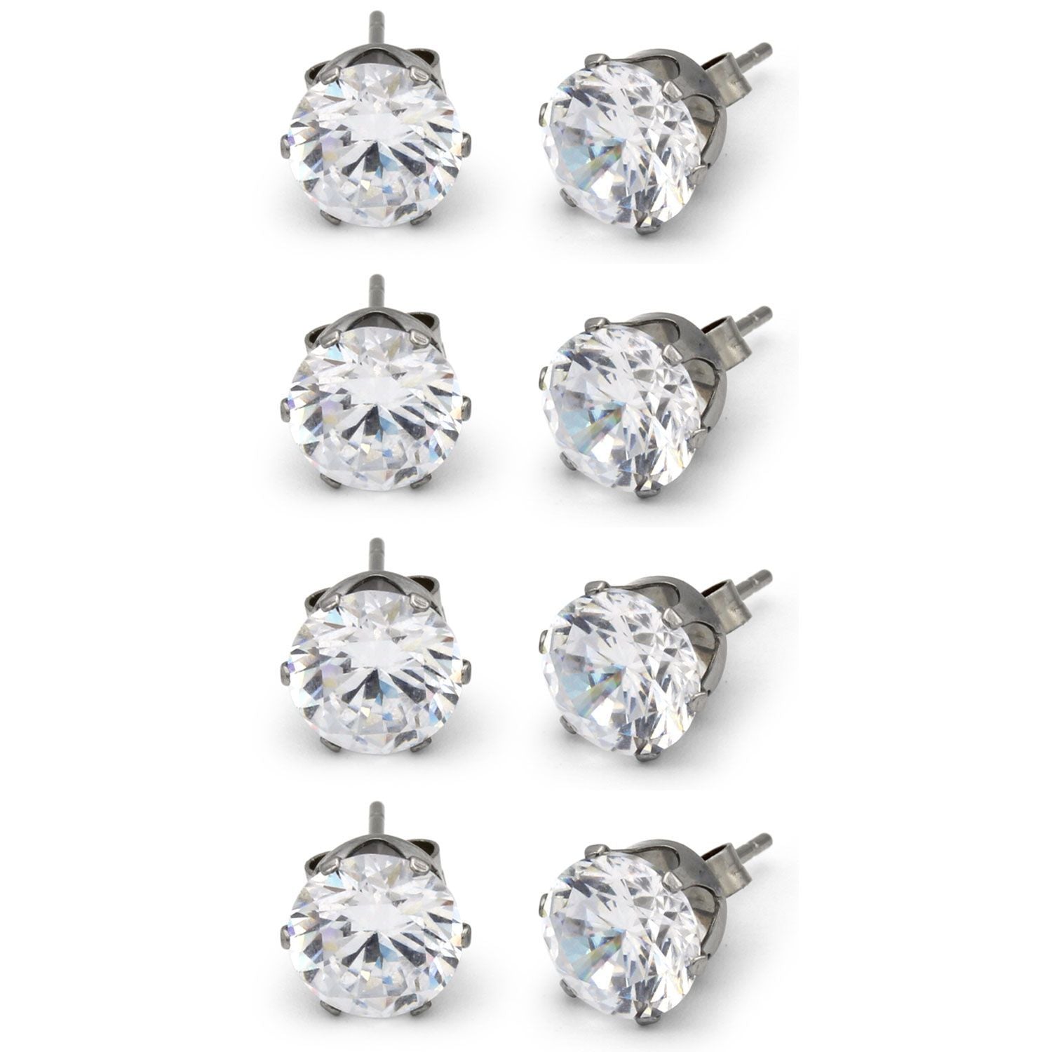 Cubic Zirconia Round Silver Stud Earrings Set Of 4 Stainless Steel Jewelry Men Women