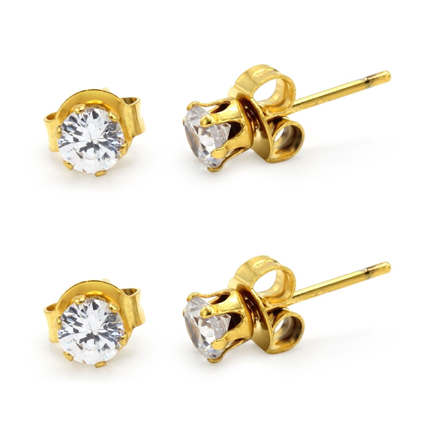 Cubic Zirconia Round 14K Gold Plated Stud Earrings Set Of 2 Stainless Steel Jewelry Men Women