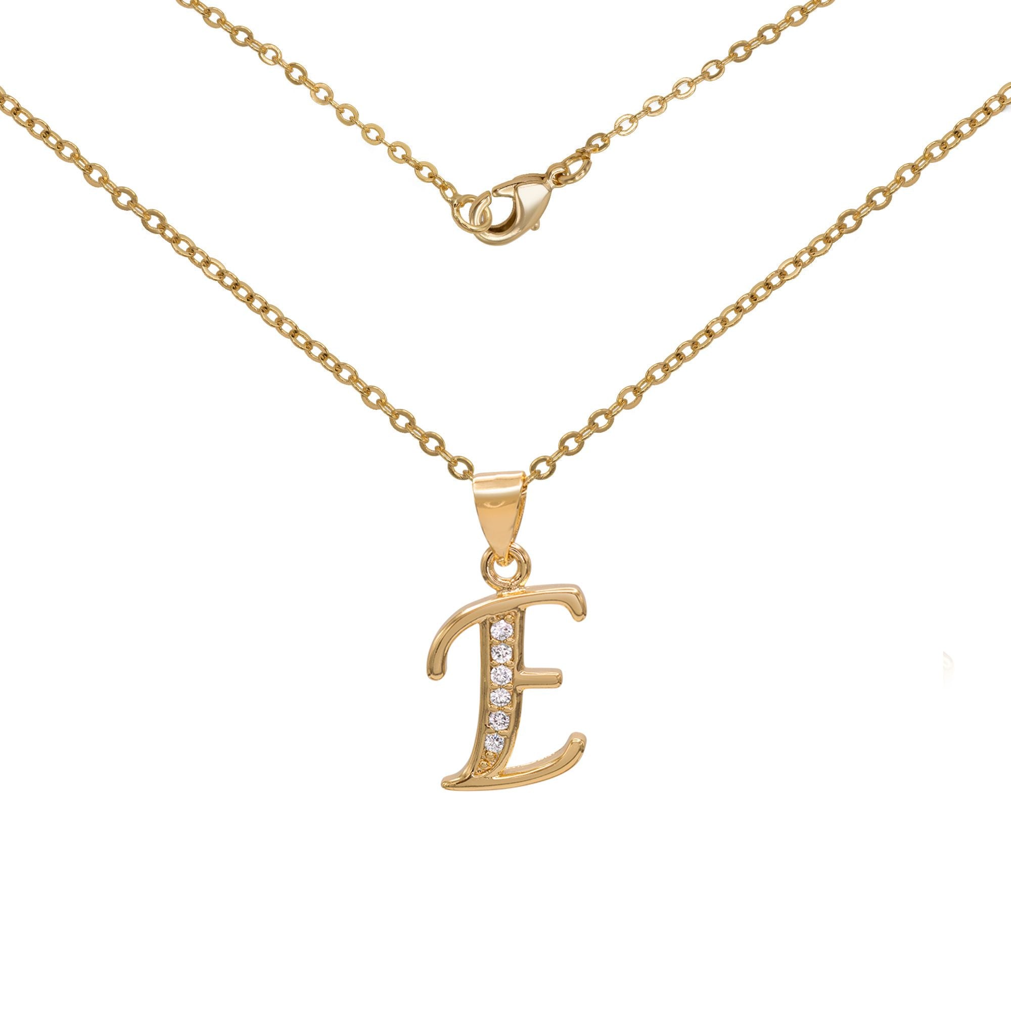 Initial Letter Pendant With Cubic Zirconia 18K Gold Filled Alphabet CZ Charm Rolo Chain Set 18" Necklace Women Girl Teen