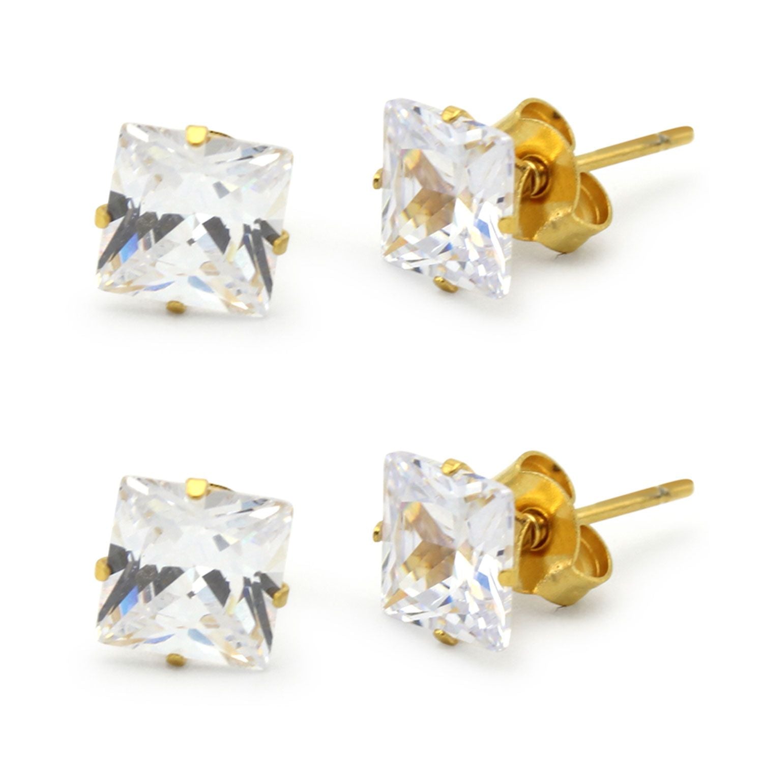Cubic Zirconia Square 14K Gold Plated Stud Earrings Set Of 2 Stainless Steel Jewelry Men Women
