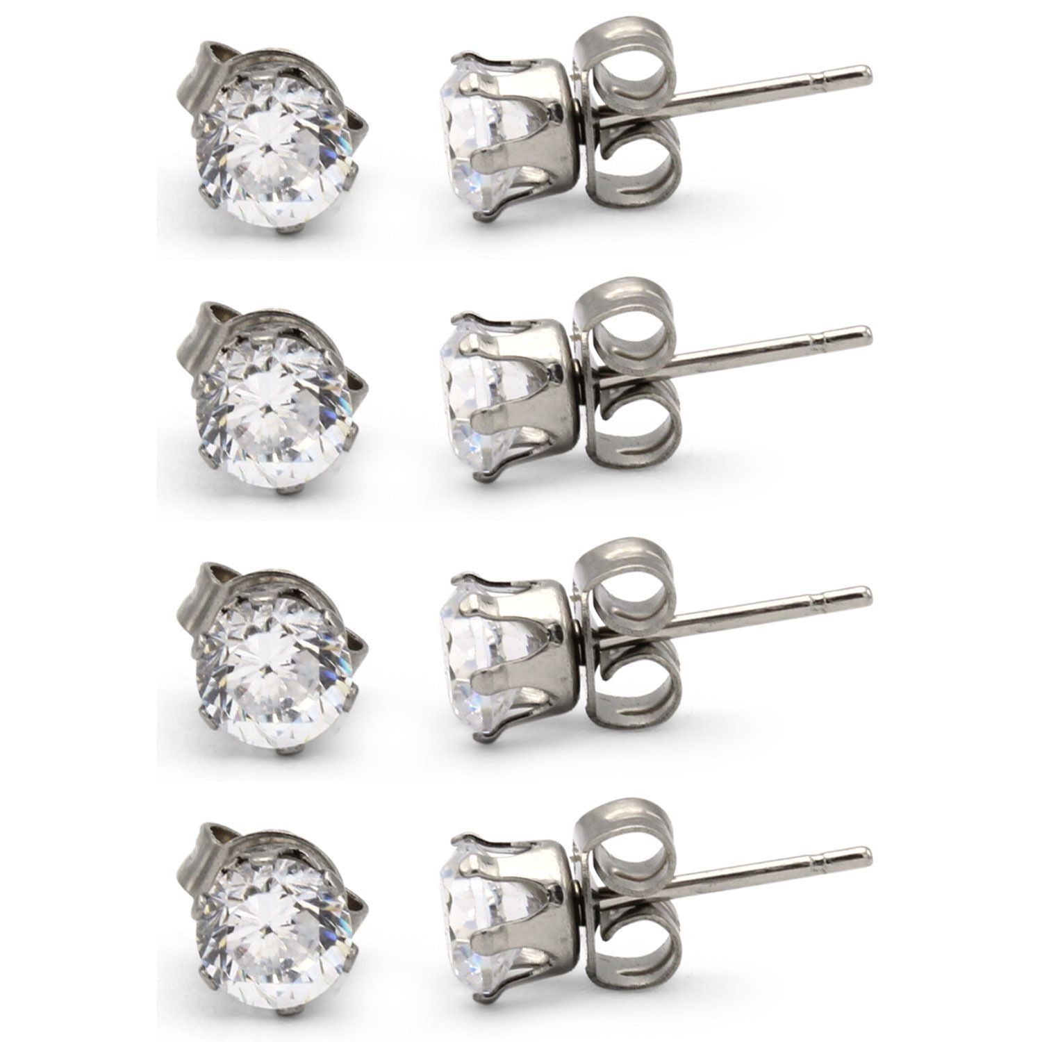 Cubic Zirconia Round Silver Stud Earrings Set Of 4 Stainless Steel Jewelry Men Women