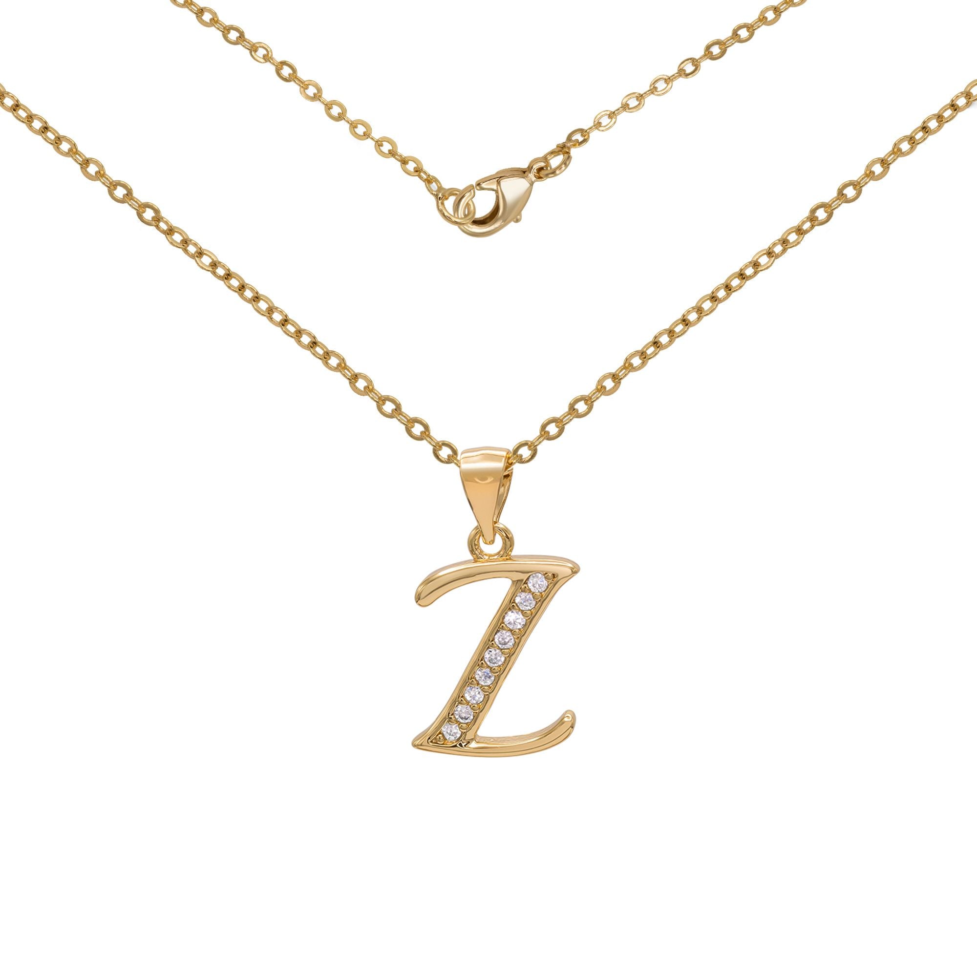 Initial Letter Pendant With Cubic Zirconia 18K Gold Filled Alphabet CZ Charm Rolo Chain Set 18" Necklace Women Girl Teen