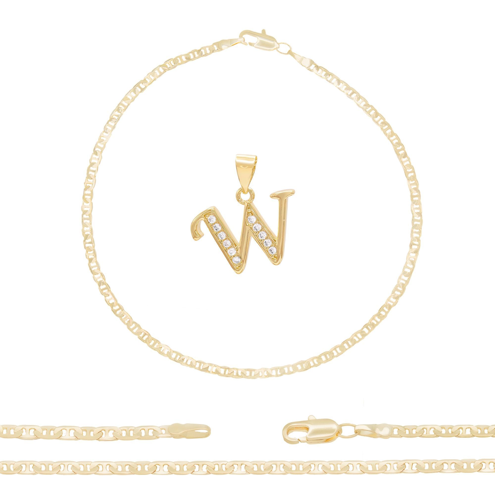 A-Z Initial Letter Pendant 14K Gold Filled Cubic Zirconia Mariner Chain Anklet 10" Set 3 mm  Women Jewelry