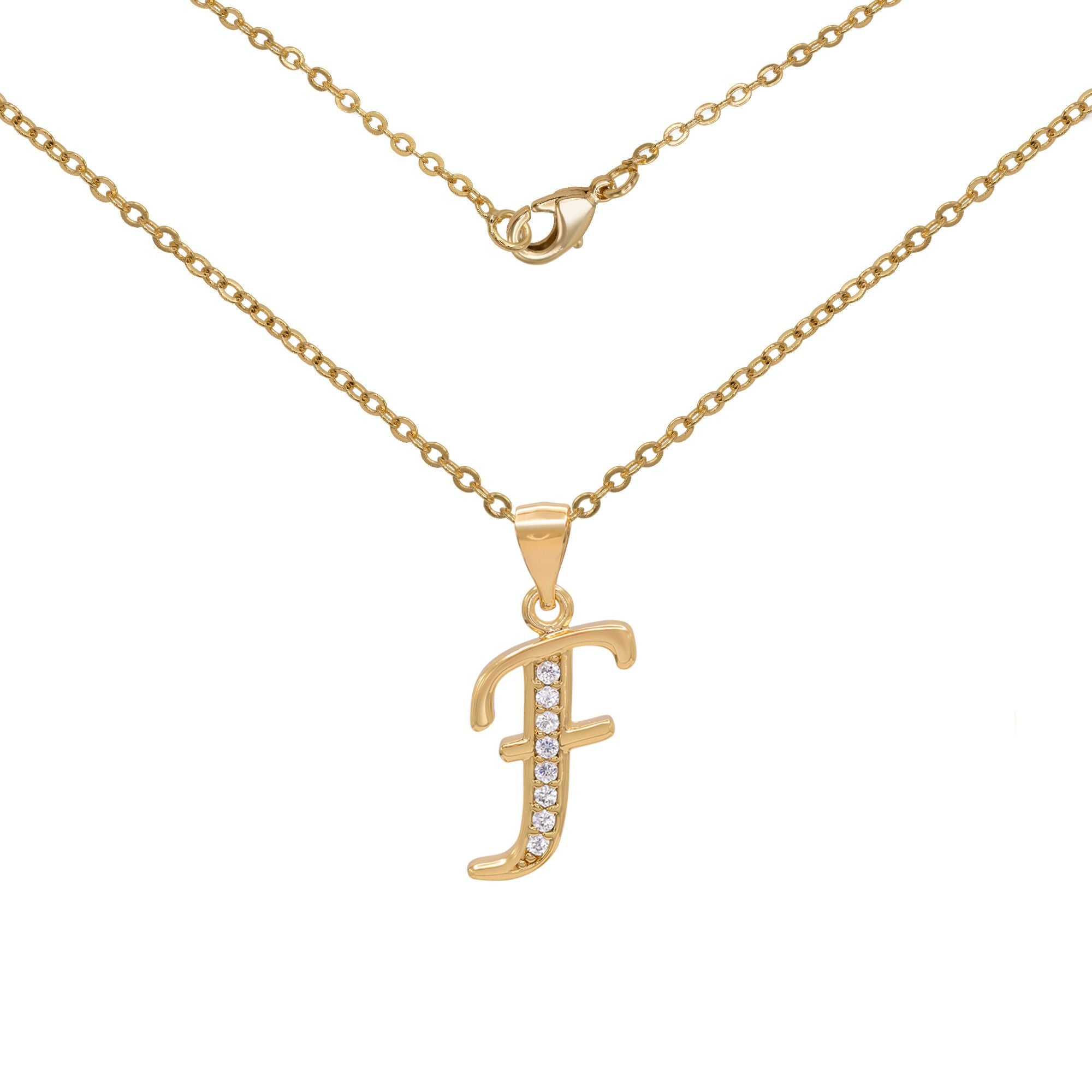 Initial Letter Pendant With Cubic Zirconia 18K Gold Filled Alphabet CZ Charm Rolo Chain Set 18" Necklace Women Girl Teen