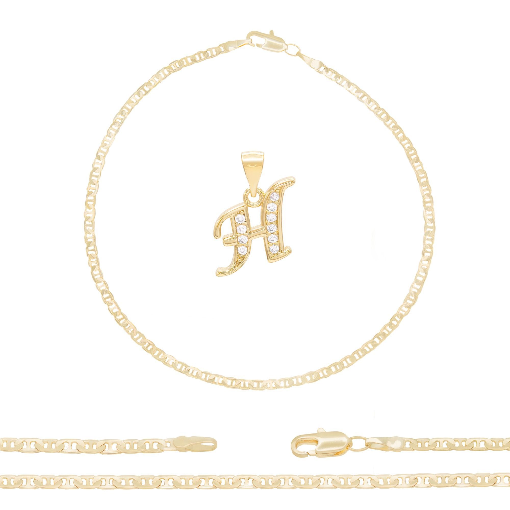 A-Z Initial Letter Pendant 14K Gold Filled Cubic Zirconia Mariner Chain Anklet 10" Set 3 mm  Women Jewelry