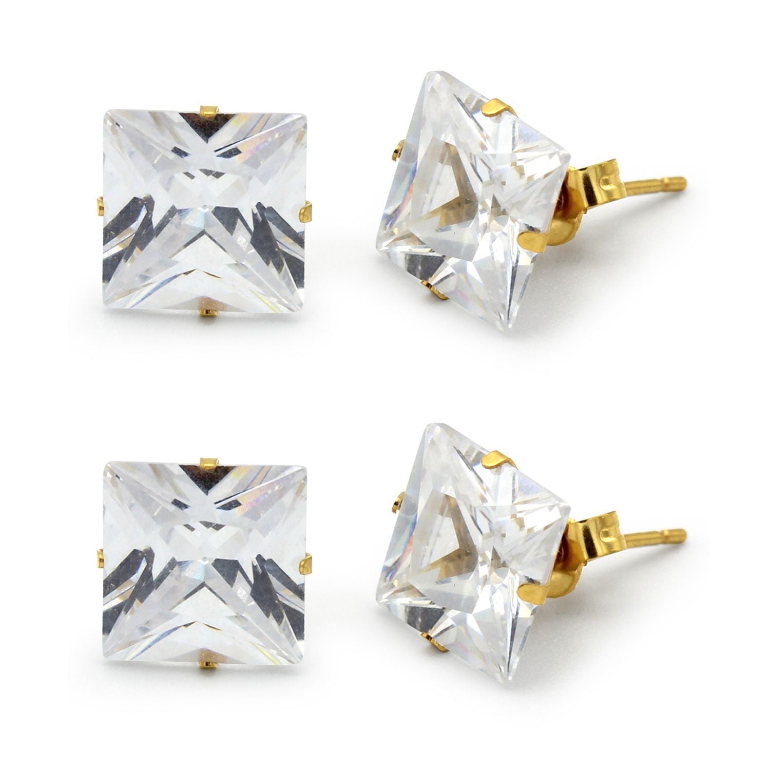 Cubic Zirconia Square 14K Gold Plated Stud Earrings Set Of 2 Stainless Steel Jewelry Men Women