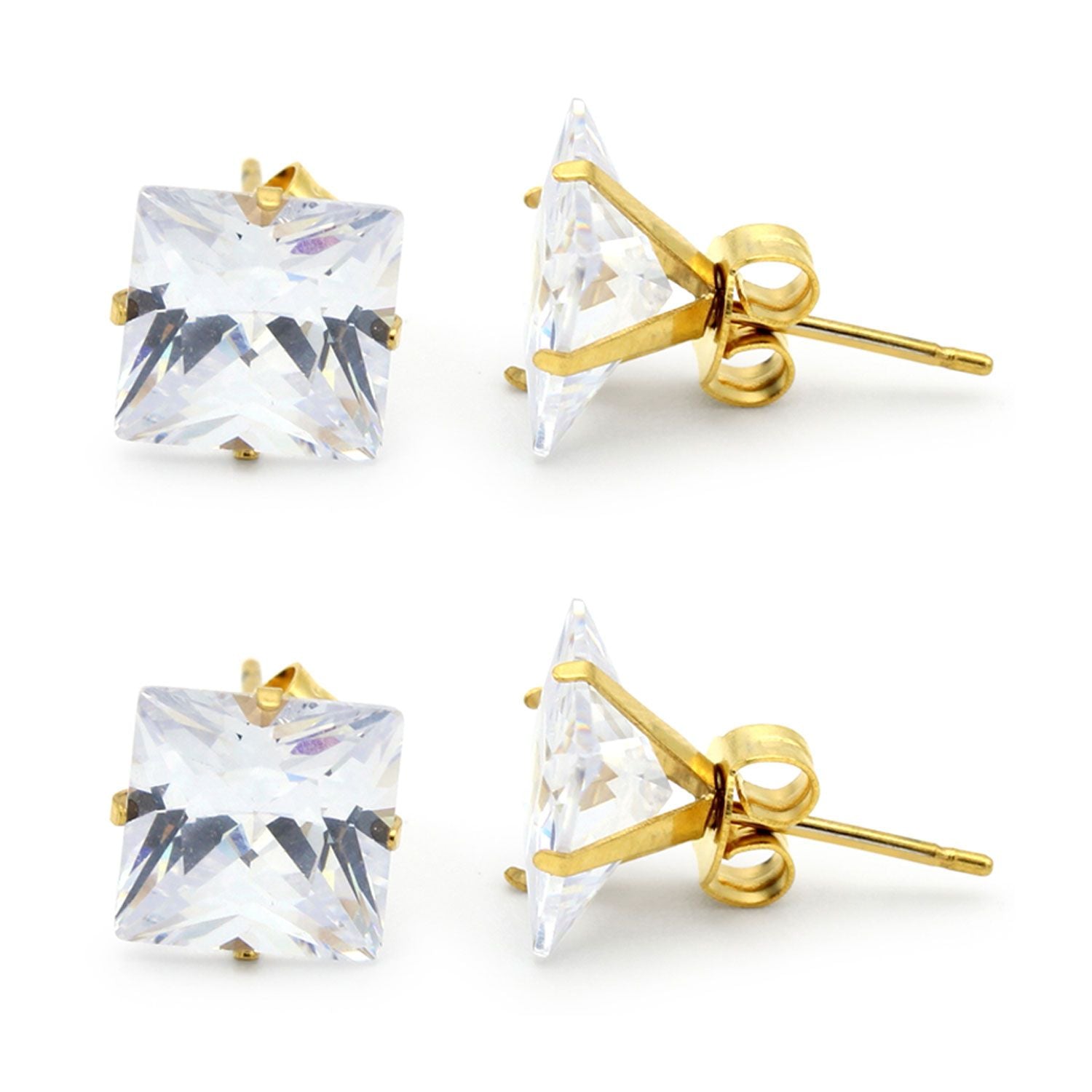 Cubic Zirconia Square 14K Gold Plated Stud Earrings Set Of 2 Stainless Steel Jewelry Men Women
