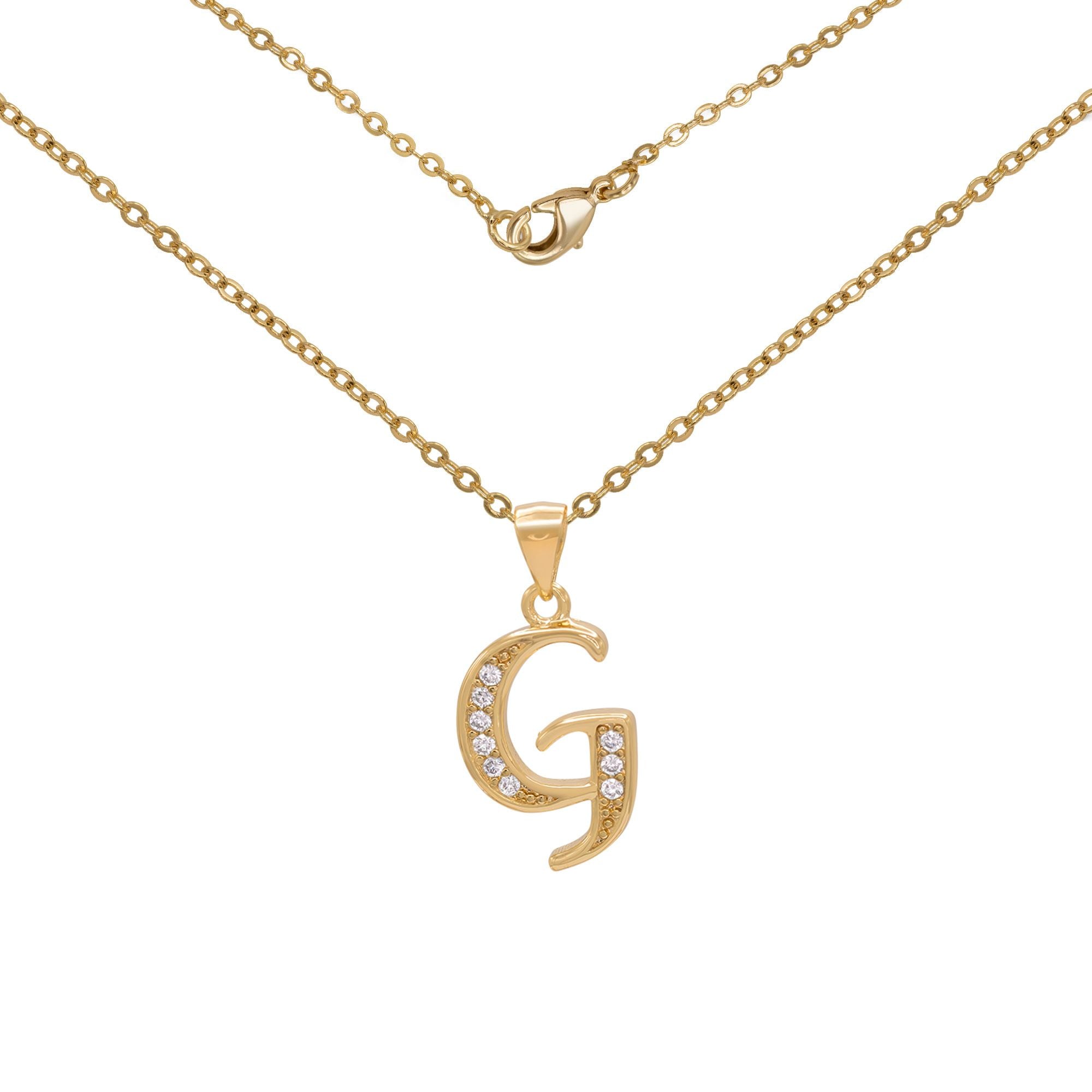 Initial Letter Pendant With Cubic Zirconia 18K Gold Filled Alphabet CZ Charm Rolo Chain Set 18" Necklace Women Girl Teen