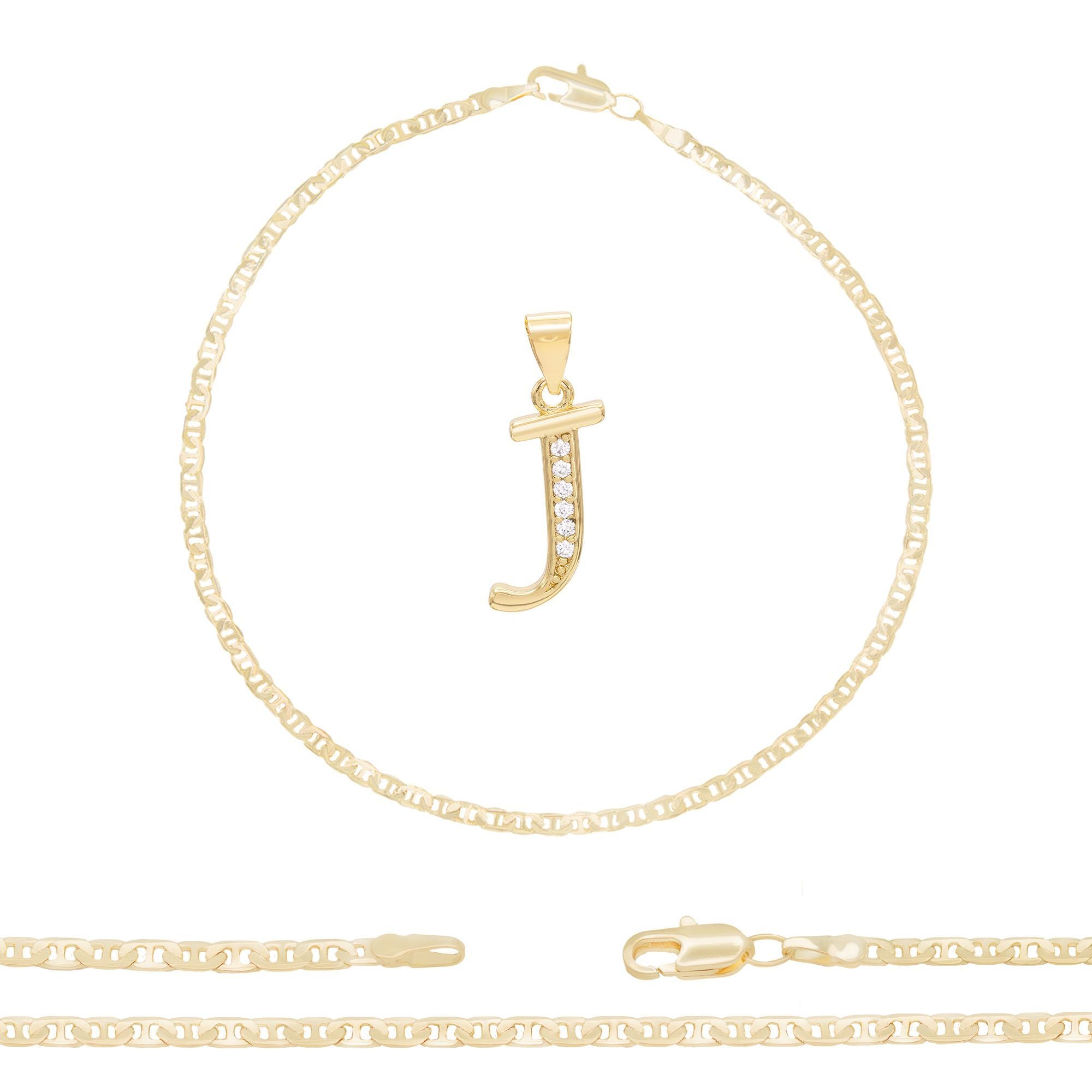 A-Z Initial Letter Pendant 14K Gold Filled Cubic Zirconia Mariner Chain Anklet 10" Set 3 mm  Women Jewelry