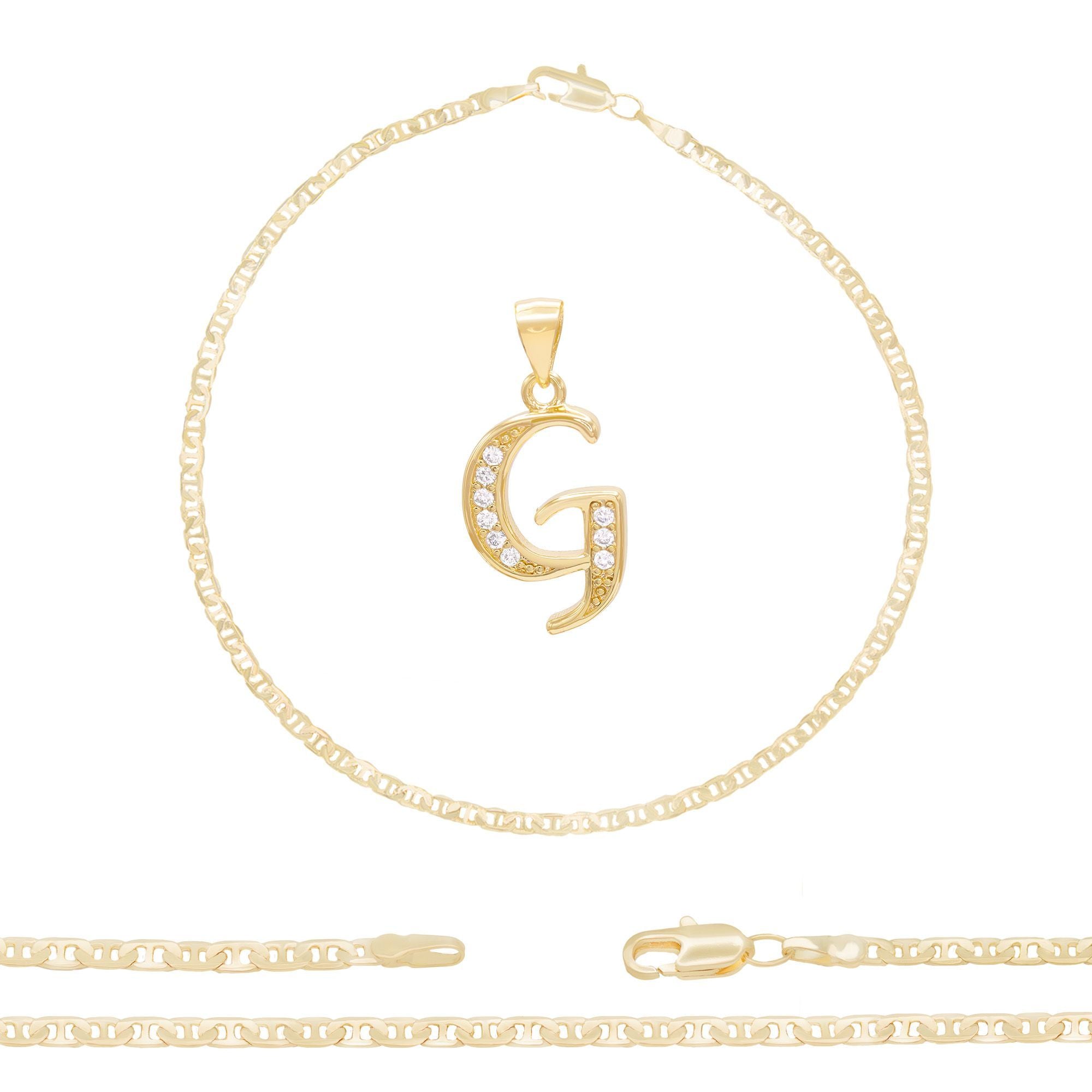 A-Z Initial Letter Pendant 14K Gold Filled Cubic Zirconia Mariner Chain Anklet 10" Set 3 mm  Women Jewelry
