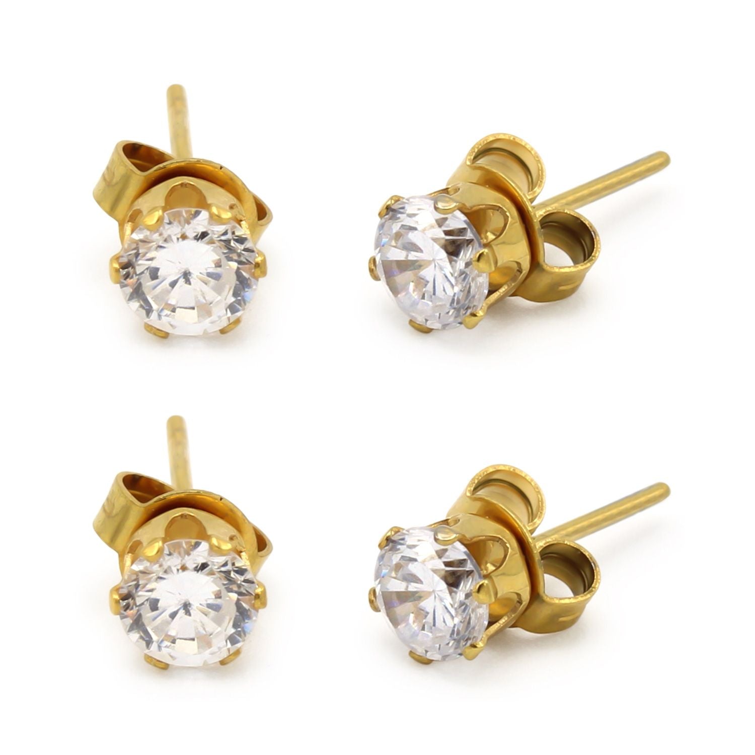 Cubic Zirconia Round 14K Gold Plated Stud Earrings Set Of 2 Stainless Steel Jewelry Men Women