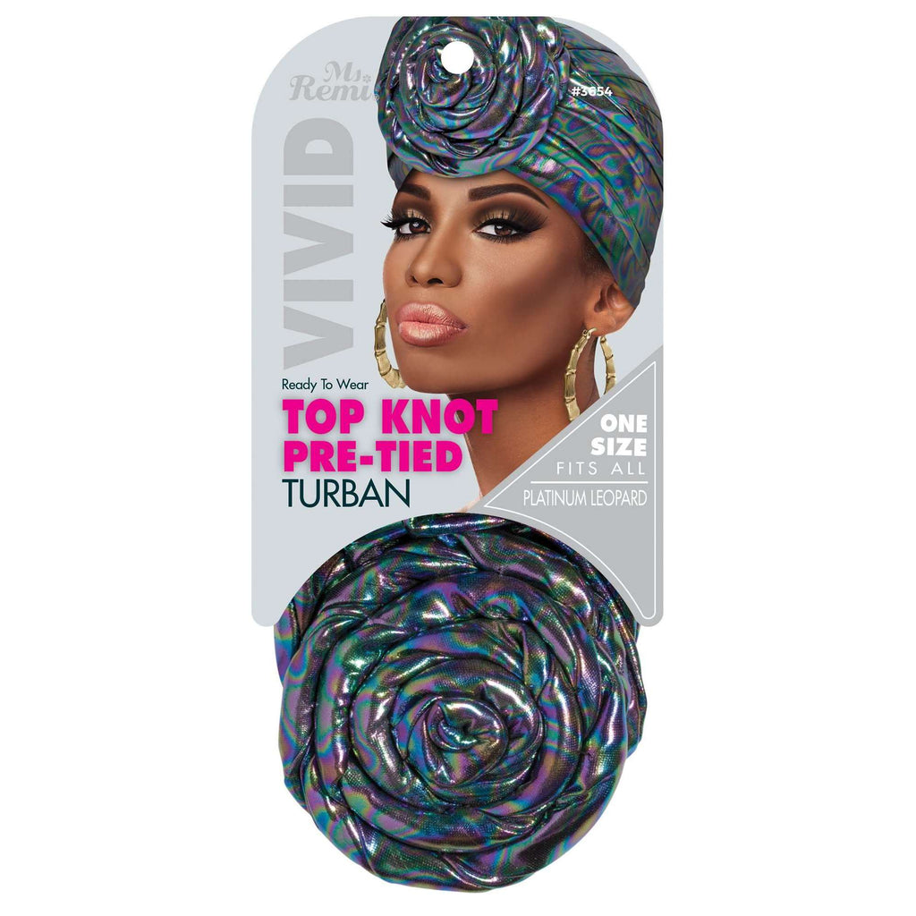 Ms. Remi Vivid Top Knot Pre-Tied Turban, 1 Count, Platinum Leopard