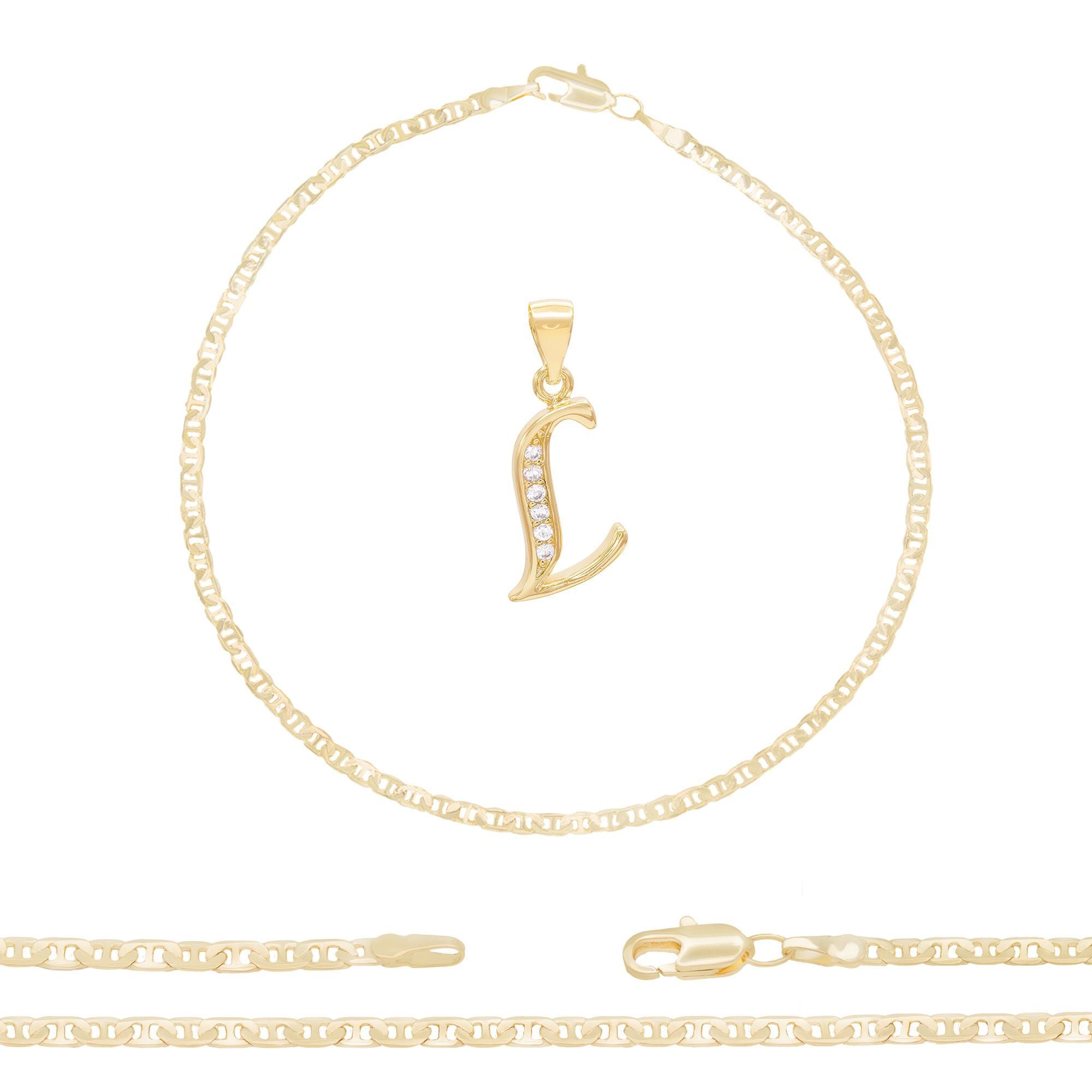 A-Z Initial Letter Pendant 14K Gold Filled Cubic Zirconia Mariner Chain Anklet 10" Set 3 mm  Women Jewelry