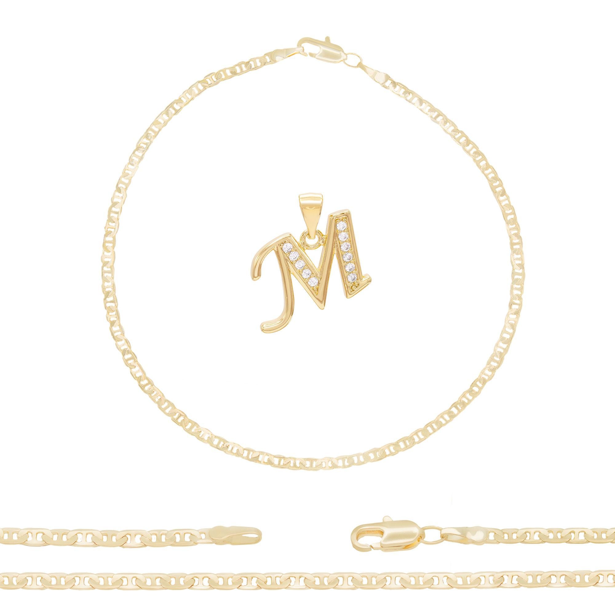 A-Z Initial Letter Pendant 14K Gold Filled Cubic Zirconia Mariner Chain Anklet 10" Set 3 mm  Women Jewelry