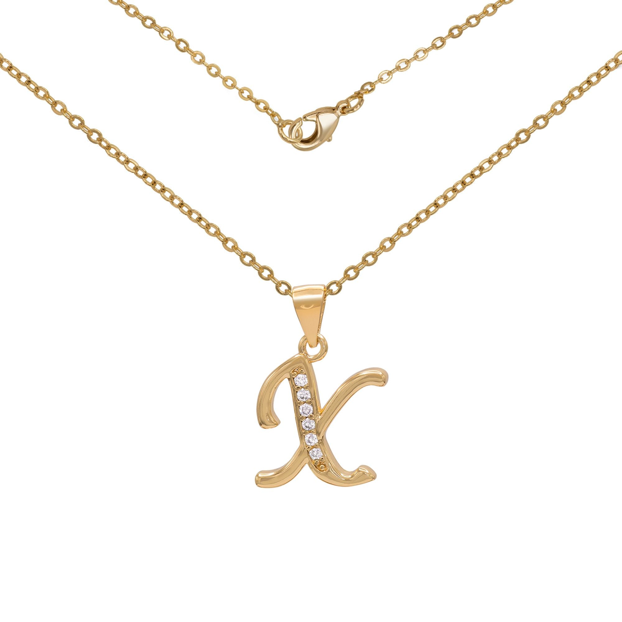 Initial Letter Pendant With Cubic Zirconia 18K Gold Filled Alphabet CZ Charm Rolo Chain Set 18" Necklace Women Girl Teen