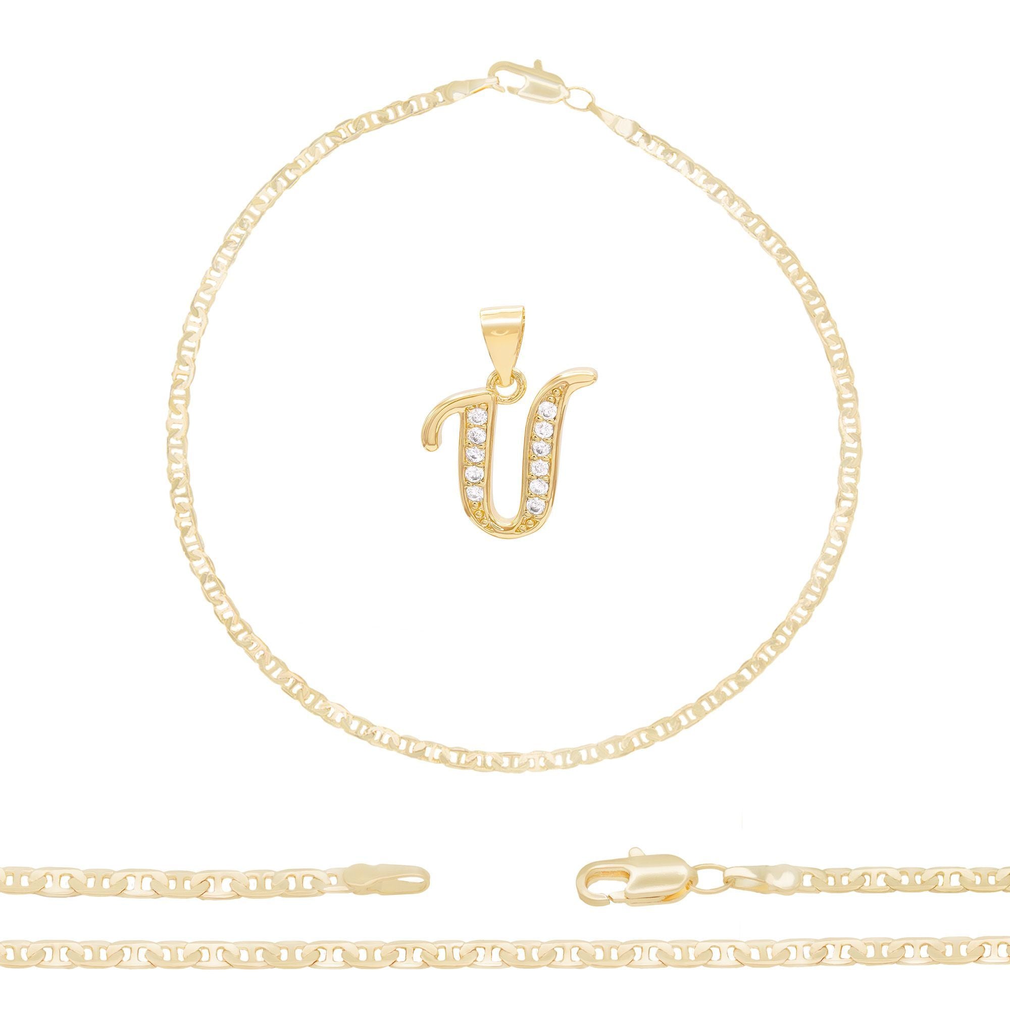 A-Z Initial Letter Pendant 14K Gold Filled Cubic Zirconia Mariner Chain Anklet 10" Set 3 mm  Women Jewelry