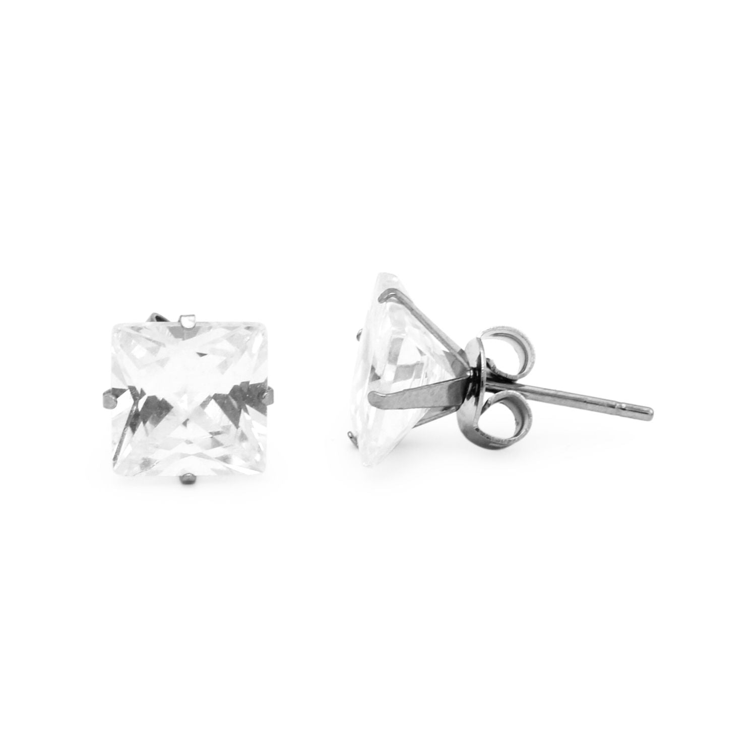 Cubic Zirconia Square Stud Earrings Stainless Steel Silver Jewelry Men Women