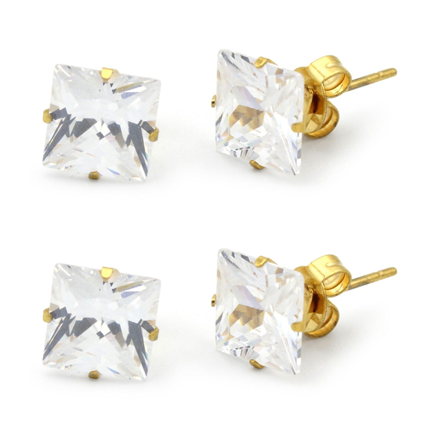 Cubic Zirconia Square 14K Gold Plated Stud Earrings Set Of 2 Stainless Steel Jewelry Men Women
