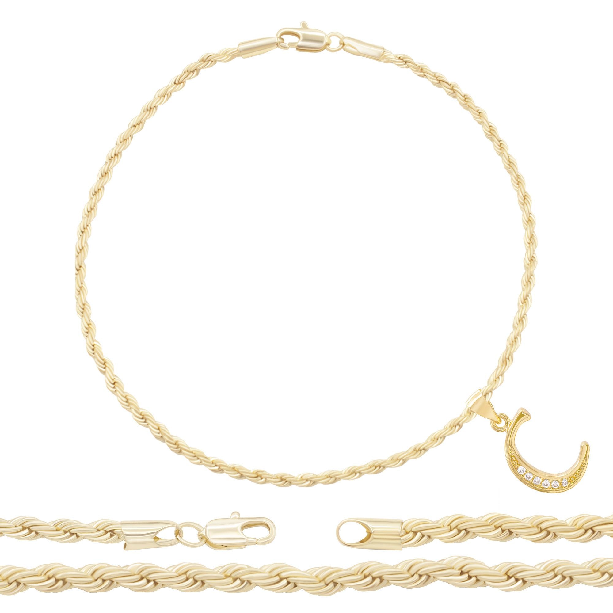 A-Z Initial Letter Pendant 14K Gold Filled Cubic Zirconia Rope Chain Anklet 10" Set 2.4 mm  Women Jewelry